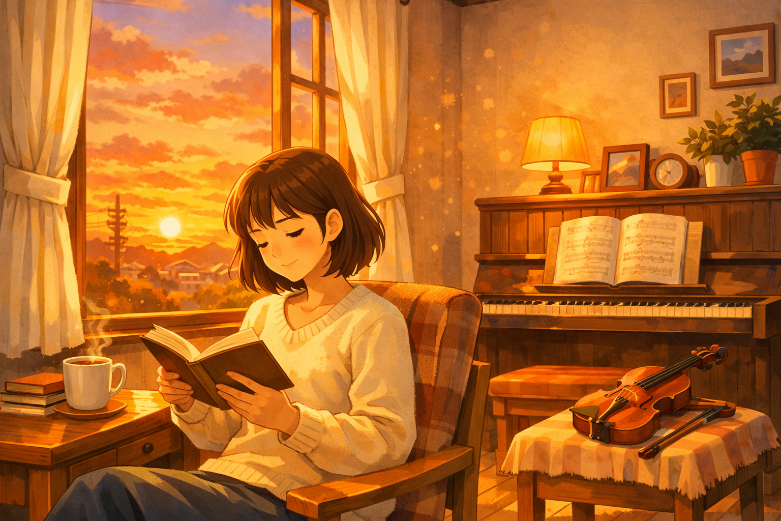夕暮れの光が差し込む部屋で、本を読む女性。静かな時間と温かい空気に包まれた読書のひととき。