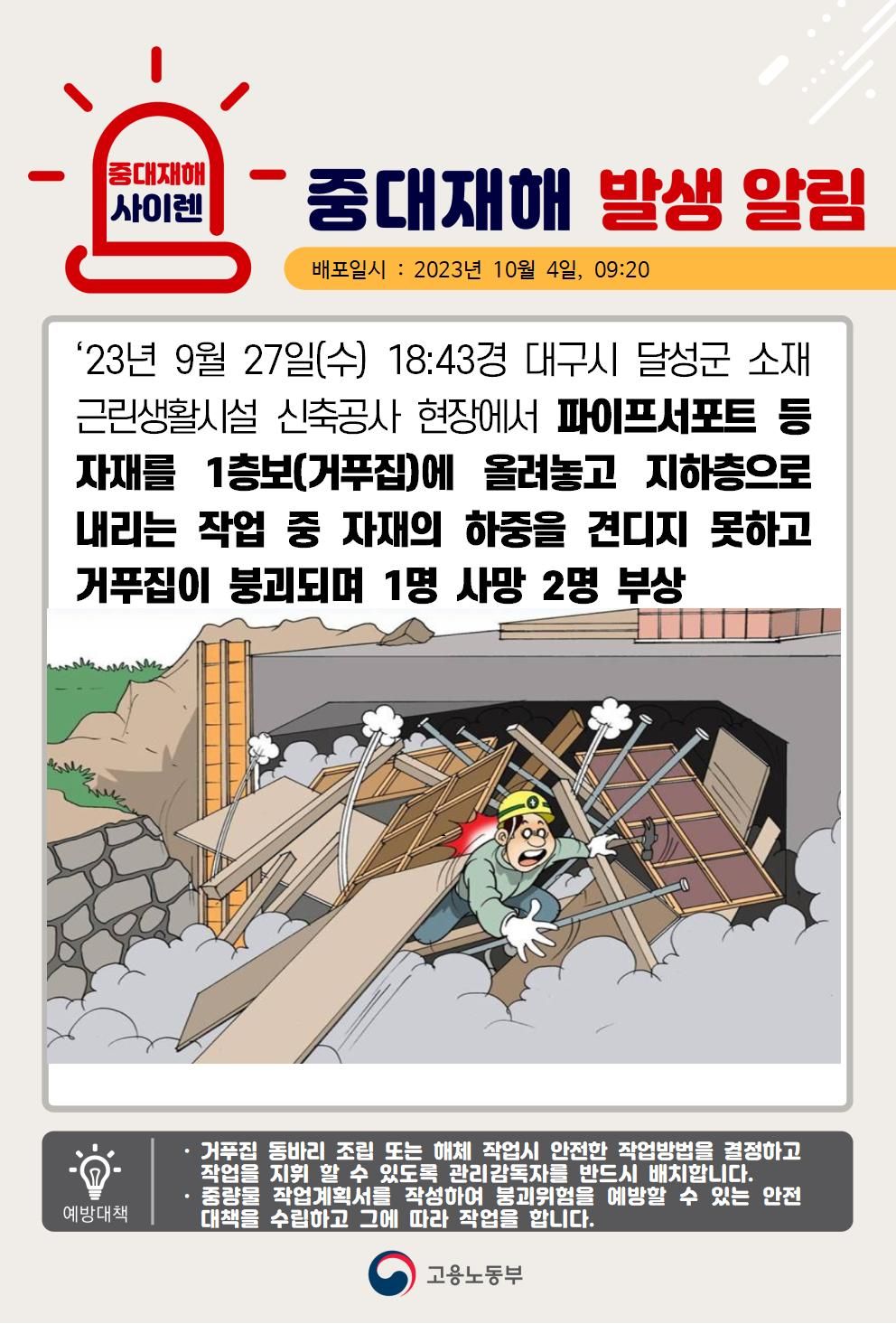 자재가 적재된 1층 보 거푸집이 하중을 견디지 못하고 붕괴