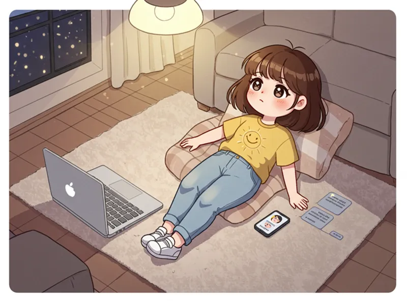 저녁 시간, 따뜻한 거실에서 깊은 숨을 쉬며 마음을 돌보는 귀여운 여성 캐릭터의 모습을 담은 일러스트