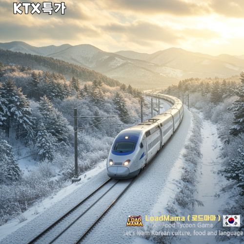 KTX 고속 열차, 눈 덮인 한국 풍경을 달리는 모습, 겨울, 영화 같은 조명