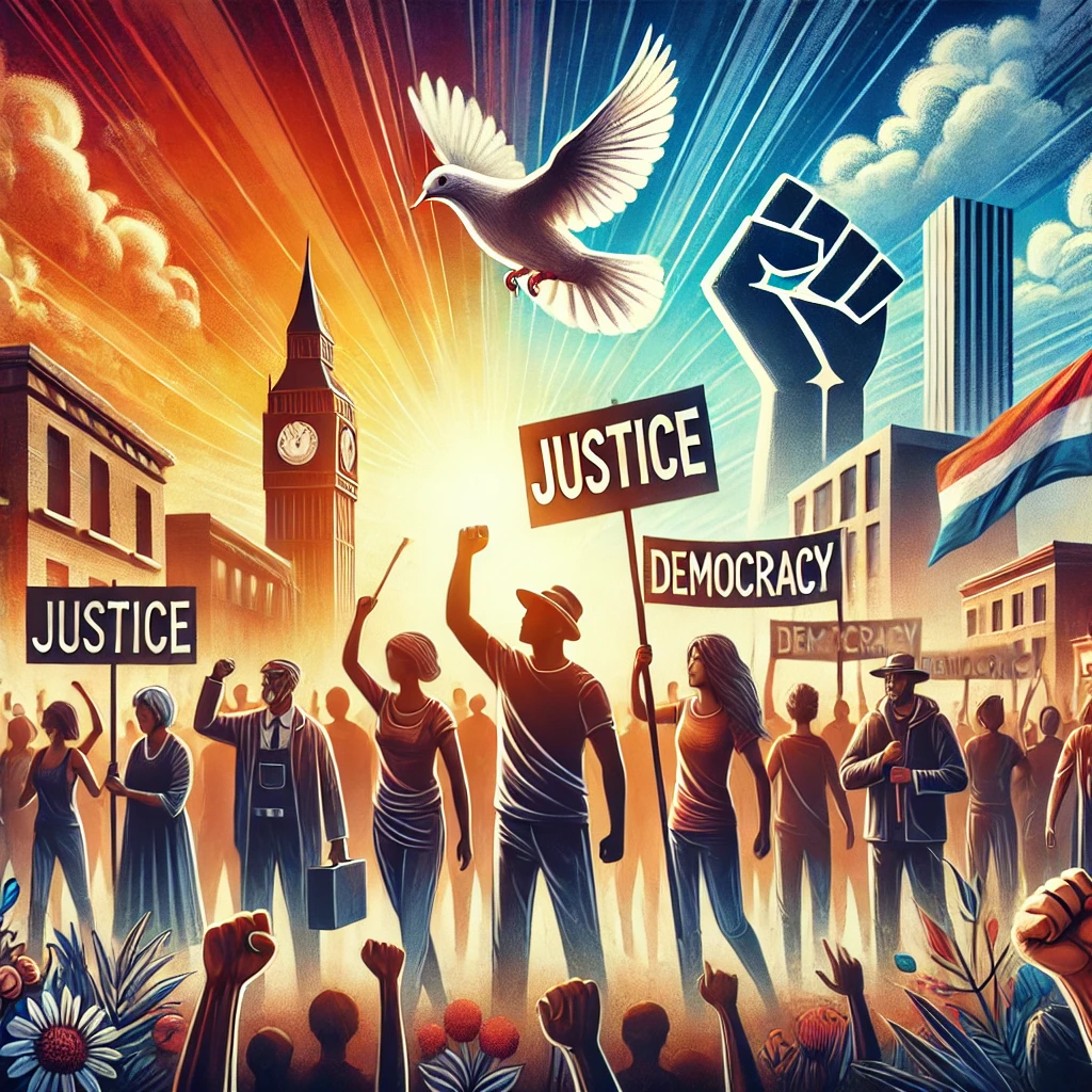 평화, 정의, 그리고 단결을 강조하며 국민의 저항권을 상징하는 이미지