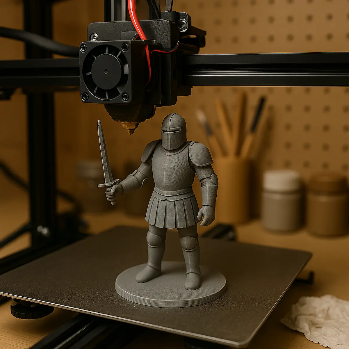 3D프린팅 피규어 실패 사례(레이어 분리, 표면 거칠기, 도색 실패 등)와 이를 극복하기 위한 도구와 작업 환경이 한눈에 보이는 장면