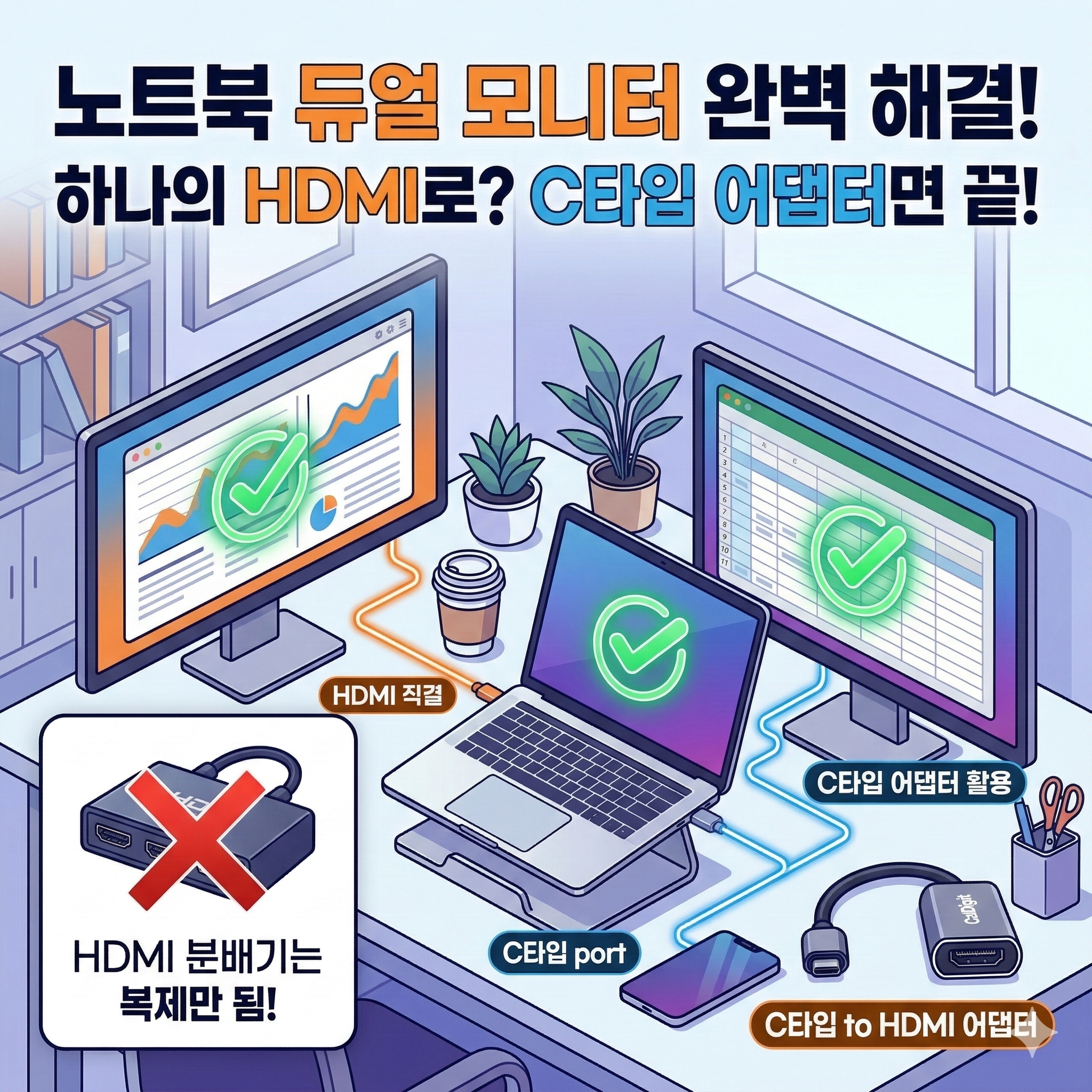 듀얼 모니터 확장 안 될 때 해결법: HDMI 분배기 대신 C타입 어댑터 쓰세요