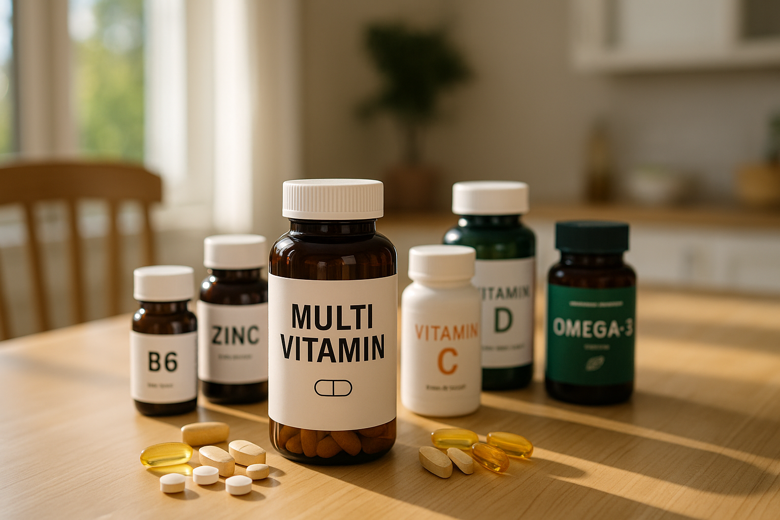 주방 식탁 위에 놓인 다양한 영양제와 비타민 병들