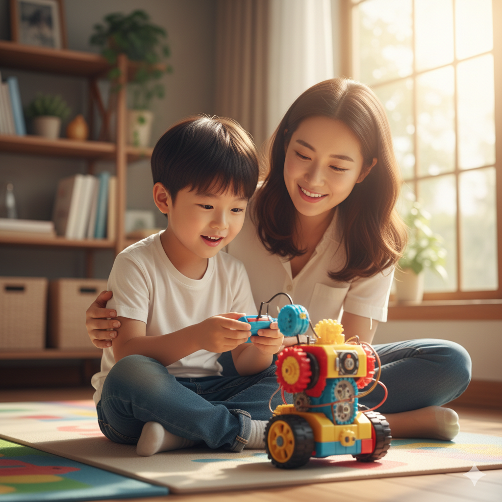 작은 로봇 교구를 조종하며 눈이 반짝이는 6세 아이와 옆에서 흐뭇하게 지켜보는 엄마의 모습