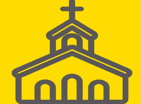 노란 배경 위에 그려진 교회 건물 아이콘과 십자가