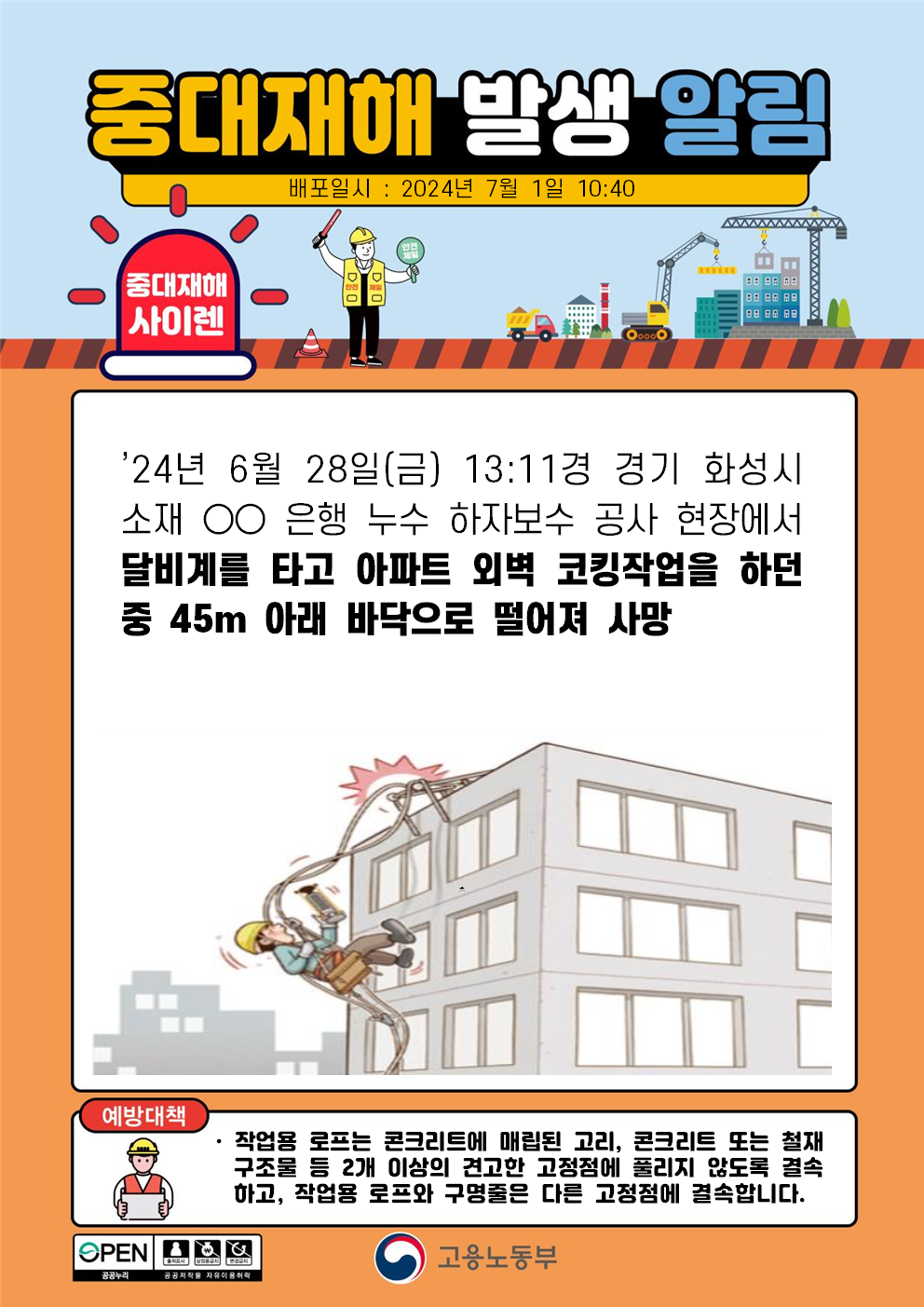 달비계를 타고 아파트 외벽 코킹작업 중 떨어짐(45m)