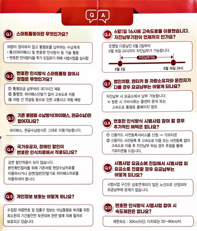 스마트톨링 자주 묻는 질문 리스트 입니다.