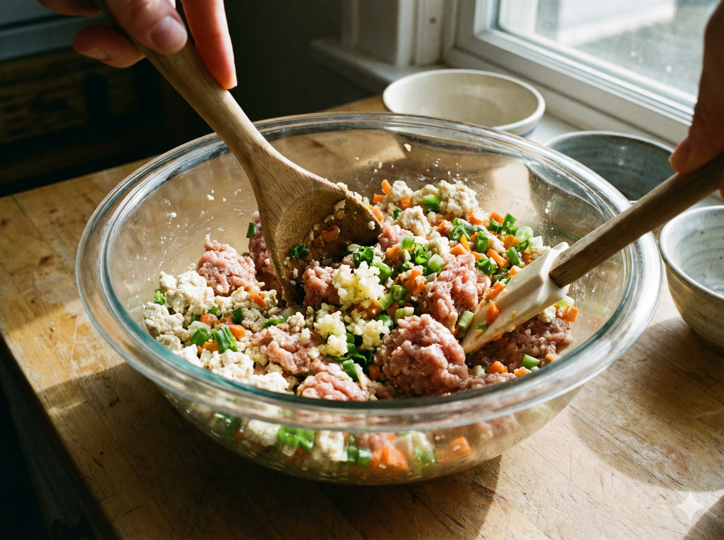 두부와 채소를 섞어 동그랑땡 반죽을 만드는 과정