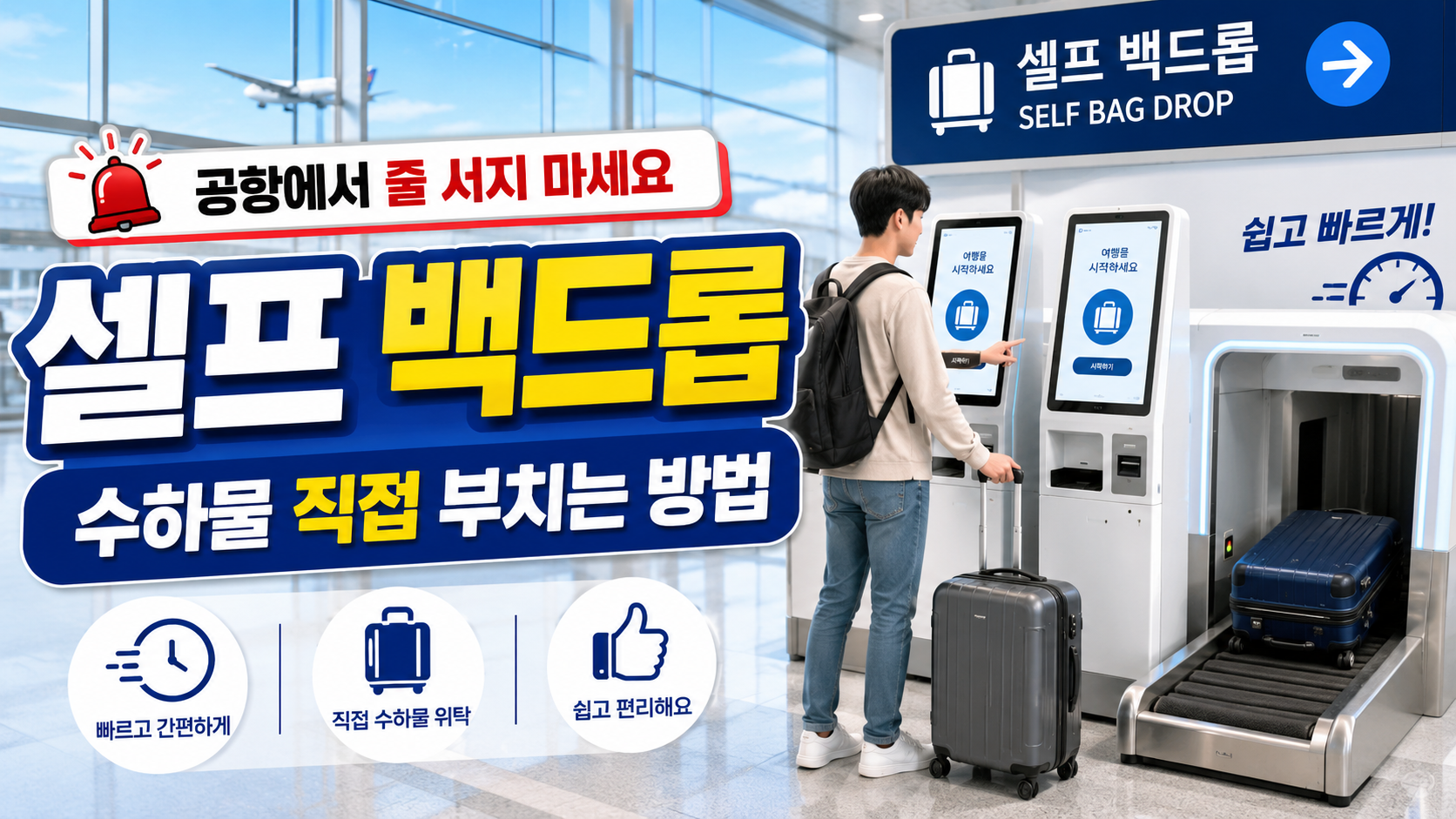 인천공항 셀프 백드롭 기기에서 여권과 탑승권을 인식하고 캐리어에 수하물 태그를 붙여 직접 위탁하는 방법