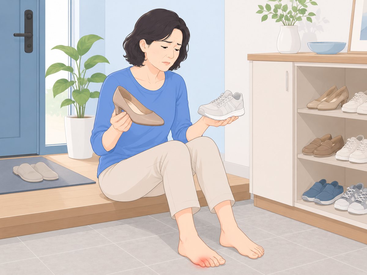 현관 마루턱에 앉아 굽 있는 구두와 운동화를 양손에 들고 비교하는 여성, 맨발의 새끼발가락 쪽이 붉게 표시됨