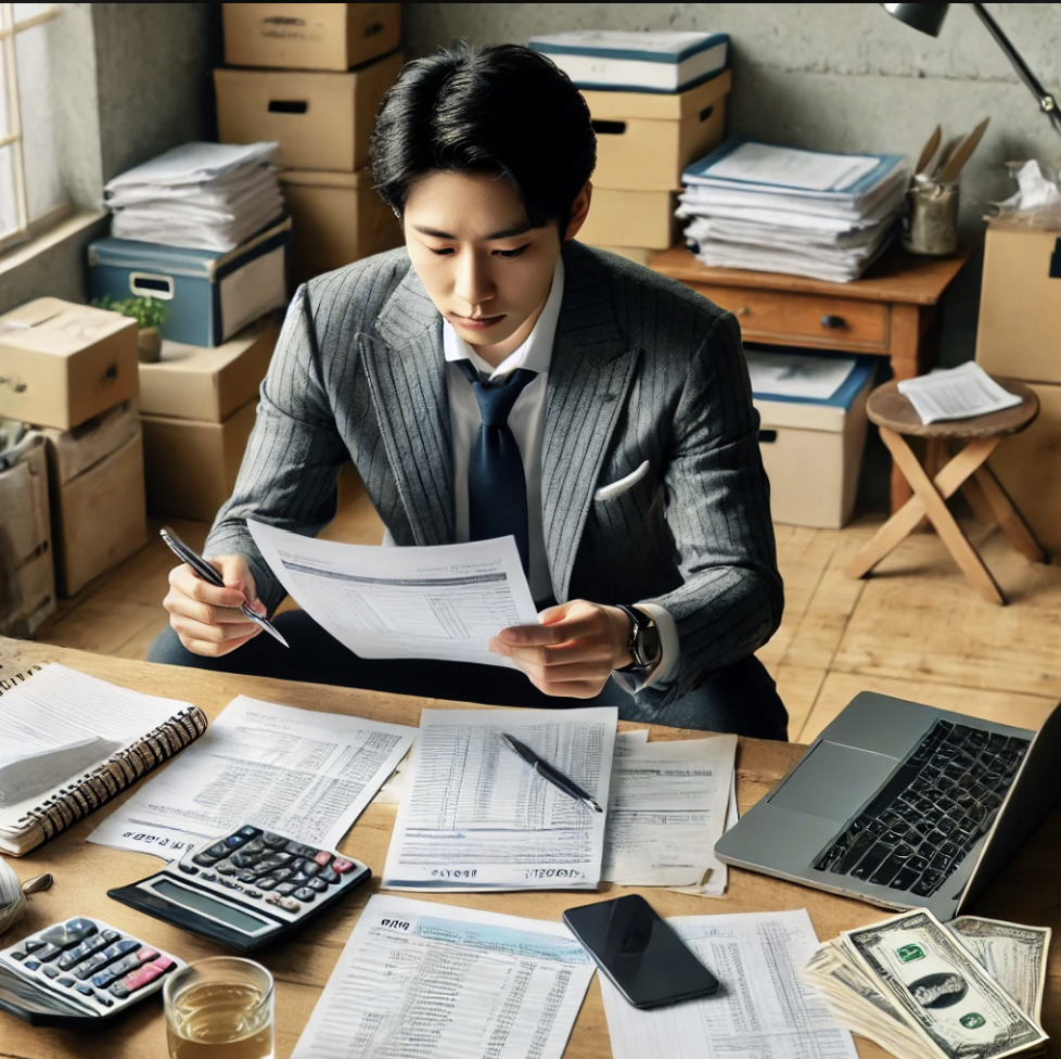 개인사업자가 세금 서류를 검토하며 업무를 보고 있는 모습