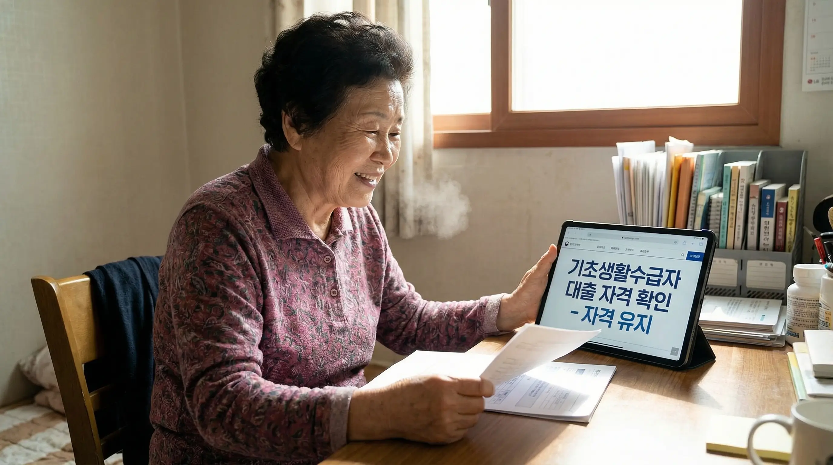 기초생활수급자가 대출을 받아도 수급 자격이 유지된다는 사실을 확인하고 안심하는 모습