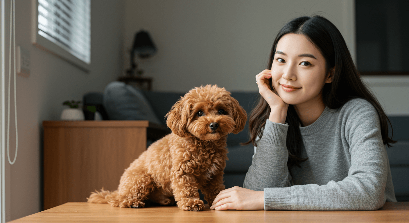 반려견에게 안전한 집안에서 주인과 함께 있는 토이 푸들