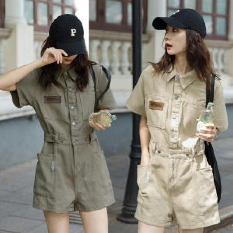 여성 반팔 하이웨스트 카고 점프수트 반바지 세트