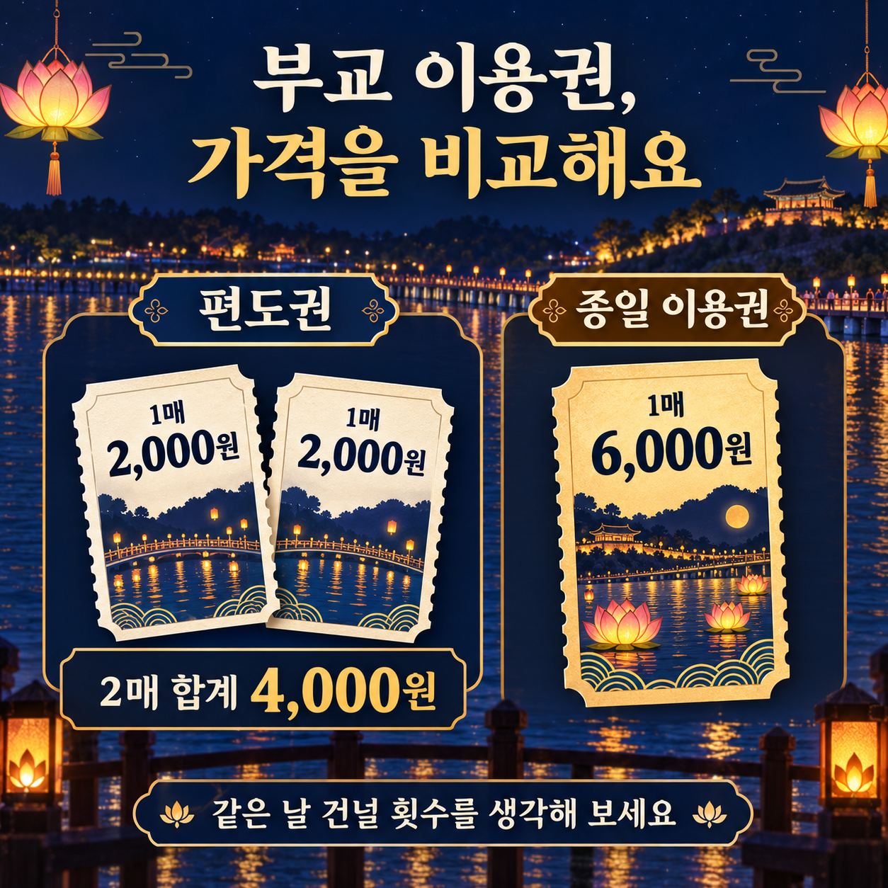 편도권 1매 2000원과 2매 합계 4000원, 종일 이용권 1매 6000원의 비교
