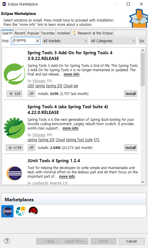 Eclipse Marketplace에서 spring 검색