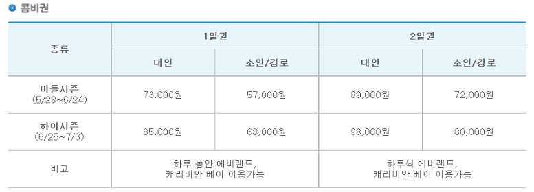 캐리비안베이 콤비권 이용가격