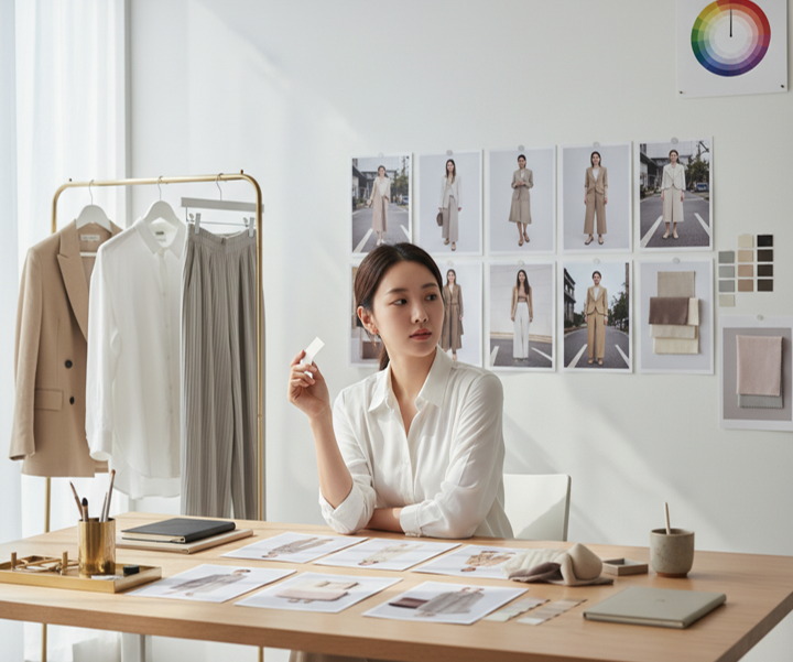 이미지를 불러오지 못했습니다. 패션 무드보드와 컬러 팔레트를 정리하며 스타일을 기획하는 한국인 스타일리스트의 작업 장면입니다.