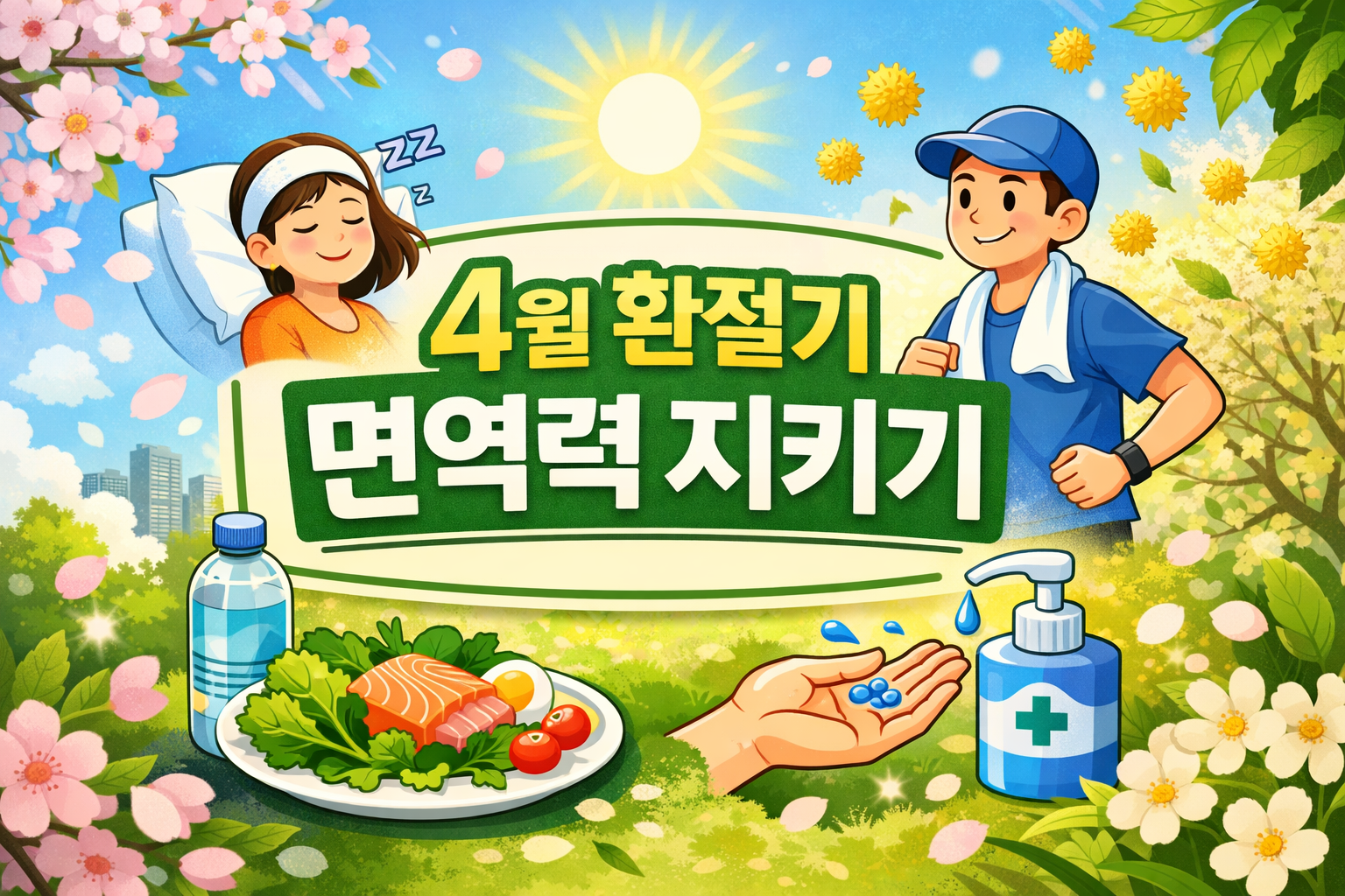 4월 환절기 면역력 지키기 썸네일, 수면 운동 식사 손위생과 수분 섭취를 상징하는 봄 건강관리 이미지