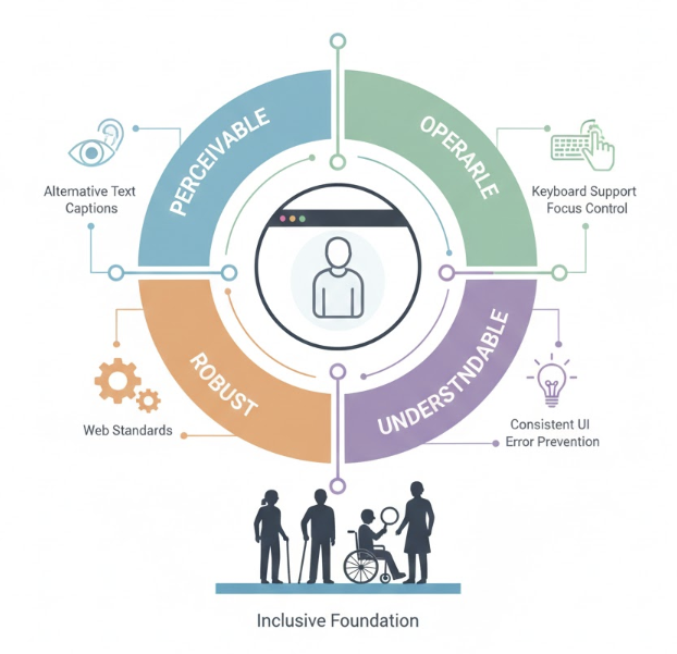 웹 접근성의 4대 원칙인 인지성, 운용성, 이해성, 견고성을 상징하는 아이콘과 핵심 구현 요소를 정리한 인포그래픽. 시각, 청각, 지체 장애인 및 고령자 등 모든 사용자가 표준 기술을 통해 웹에 접근하는 구조를 시각화함.