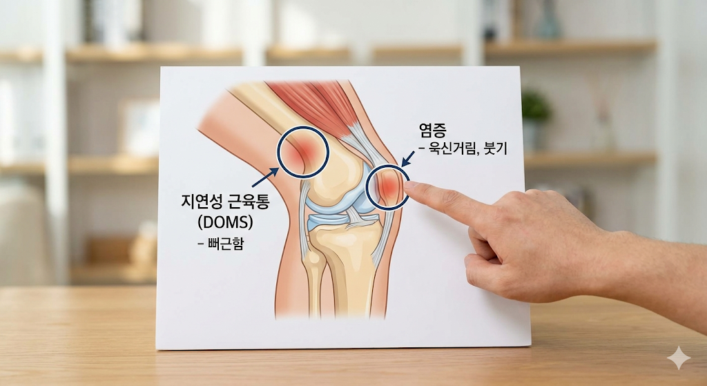 무릎 관절 다이어그램에서 근육통과 염증의 통증 부위와 차이점을 손가락으로 가리키고 있는 모습