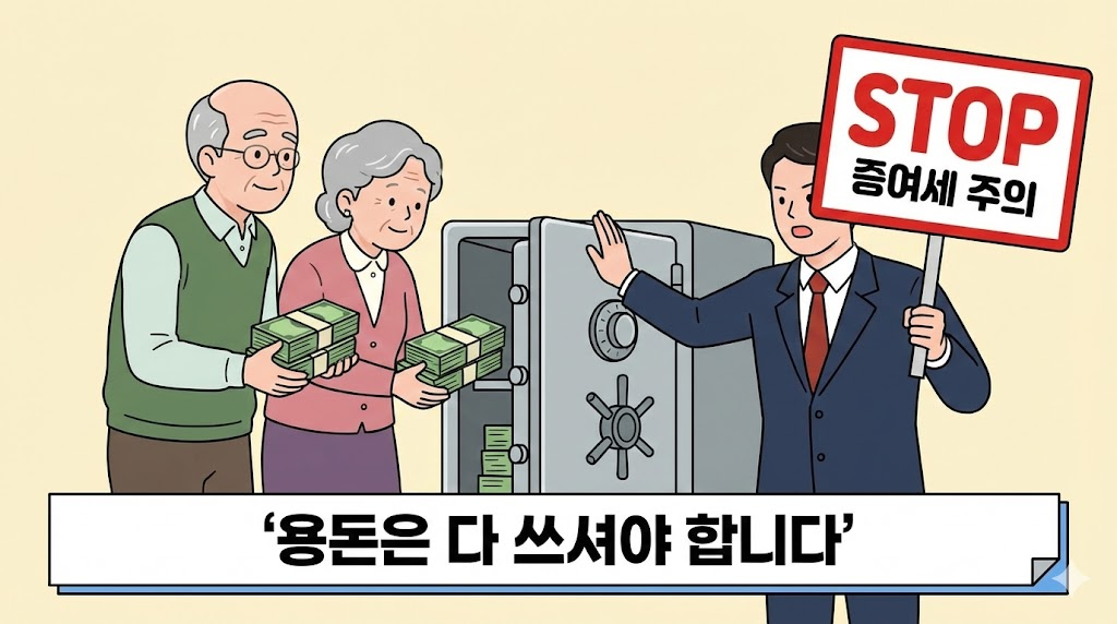 부모님께 드린 용돈을 저축하면 증여세 문제가 발생할 수 있음을 경고하는 일러스트