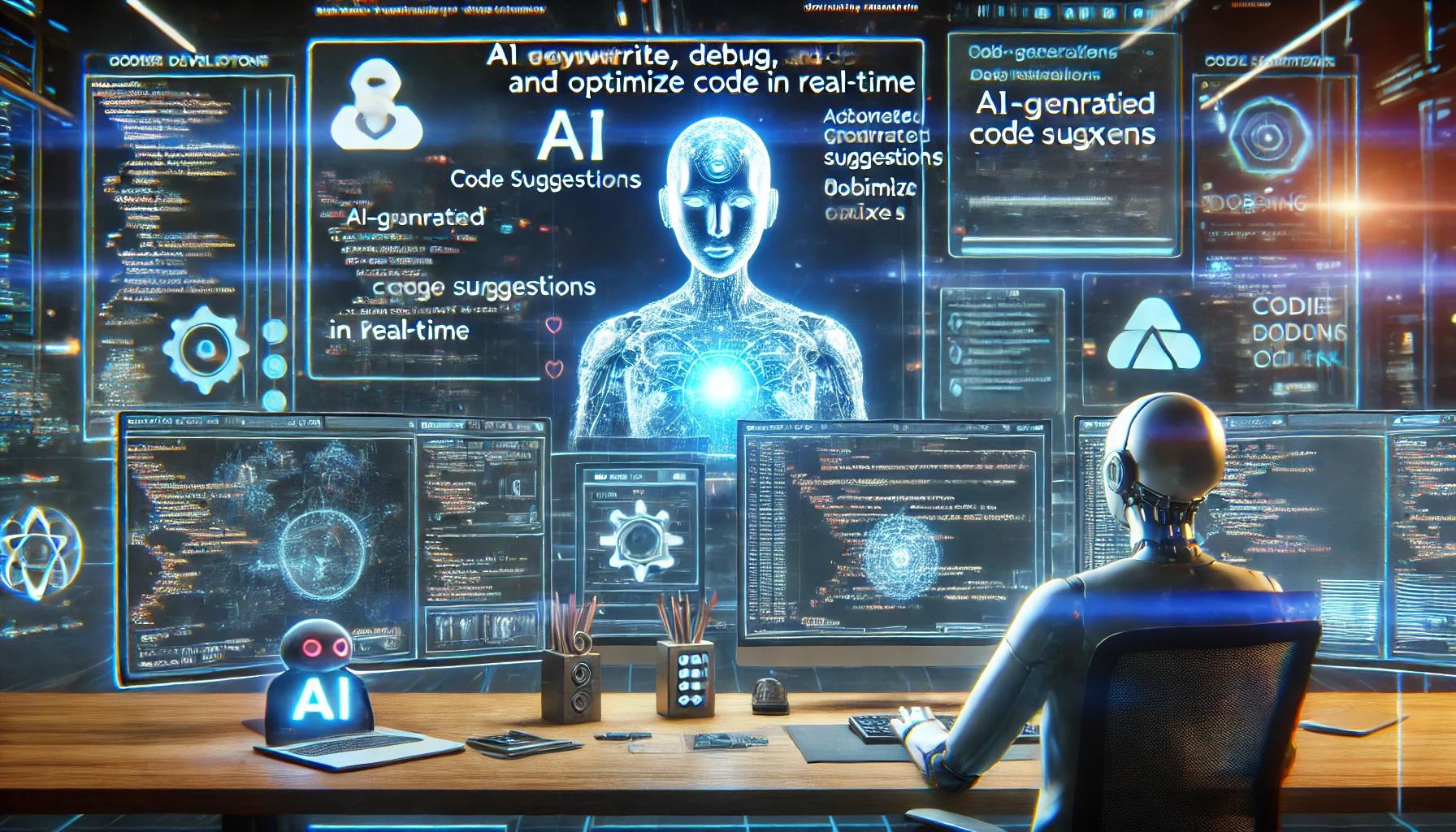 AI가 개발자를 실시간으로 도와주는 미래형 코딩 환경을 표현한 그림