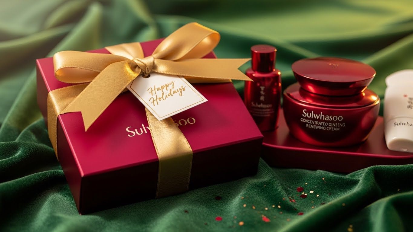 고급스럽고 부드러운 녹색 원단 위에 아름답게 포장된 설화수 2025 홀리데이 에디션 농축 인삼 리뉴잉 크림 세트를 클로즈업한 제품입니다.