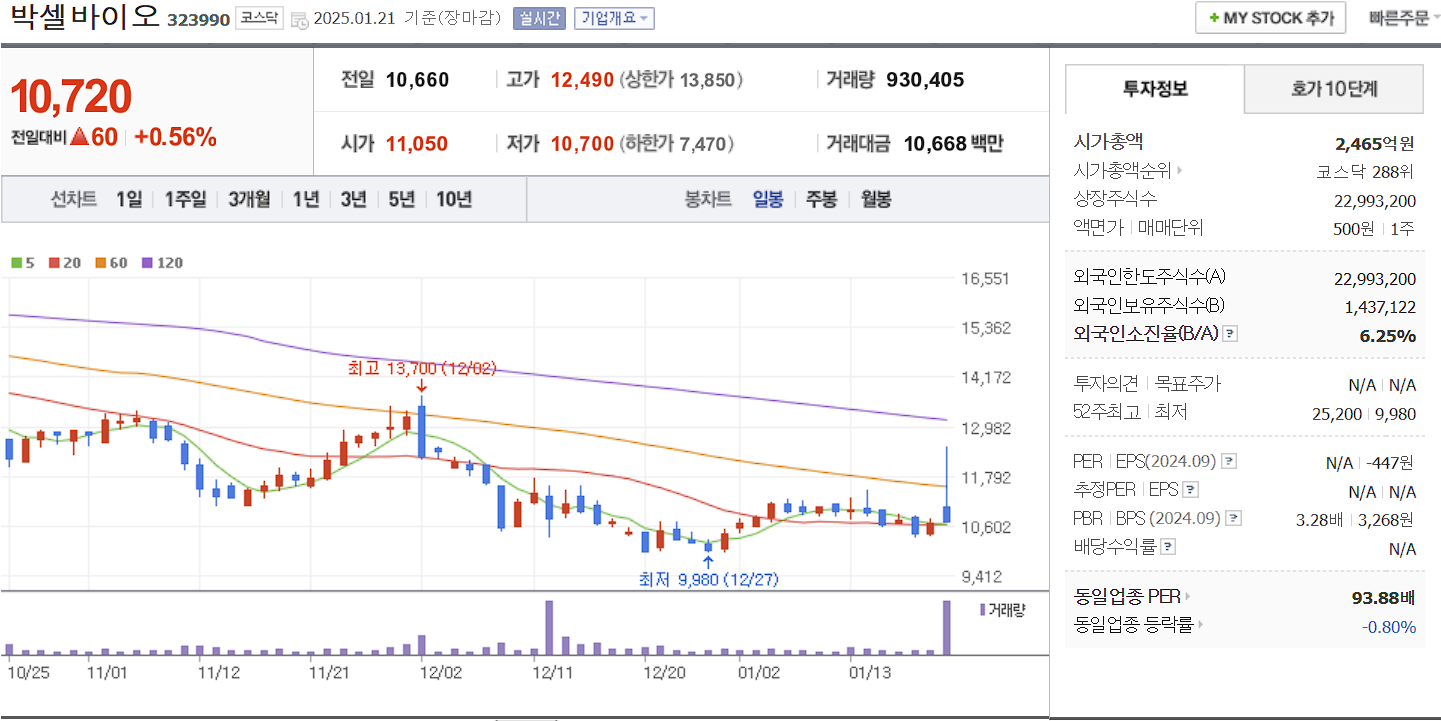 바이오 시밀러 관련주 대장주 박셀바이오 일봉 차트