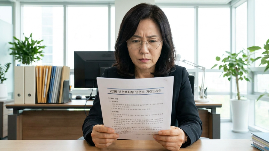 보건복지부 가이드라인 문서를 꼼꼼히 살펴보는 안경 쓴 중년 여성
