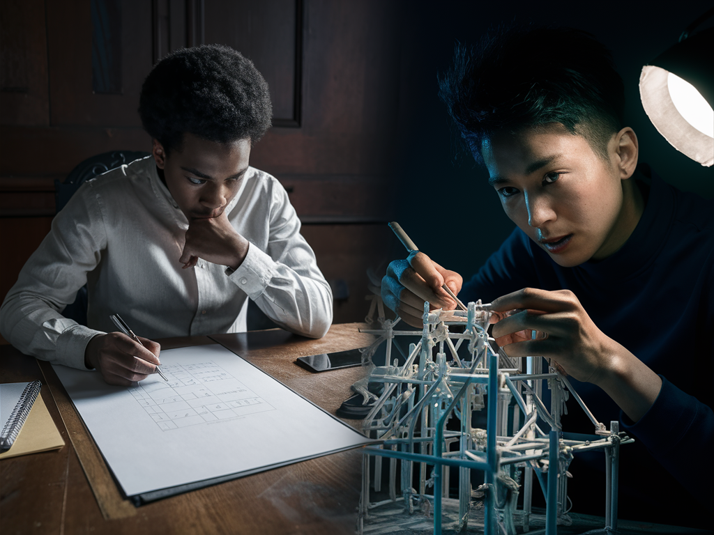 한쪽에서는 계획만 세우는 사람, 다른 쪽에서는 실행하는 사람이 나란히 비교되는 모습. 한 사람은 책상에서 고민하며 메모하고, 다른 사람은 실제 행동으로 프로젝트를 진행하는 장면