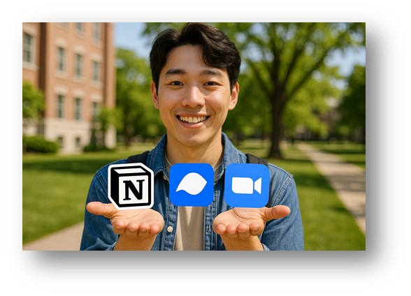 노션, 토스, 줌 앱을 대학생활 중에 잘 활용해서 만족해 하는 남자 대학생의 모습