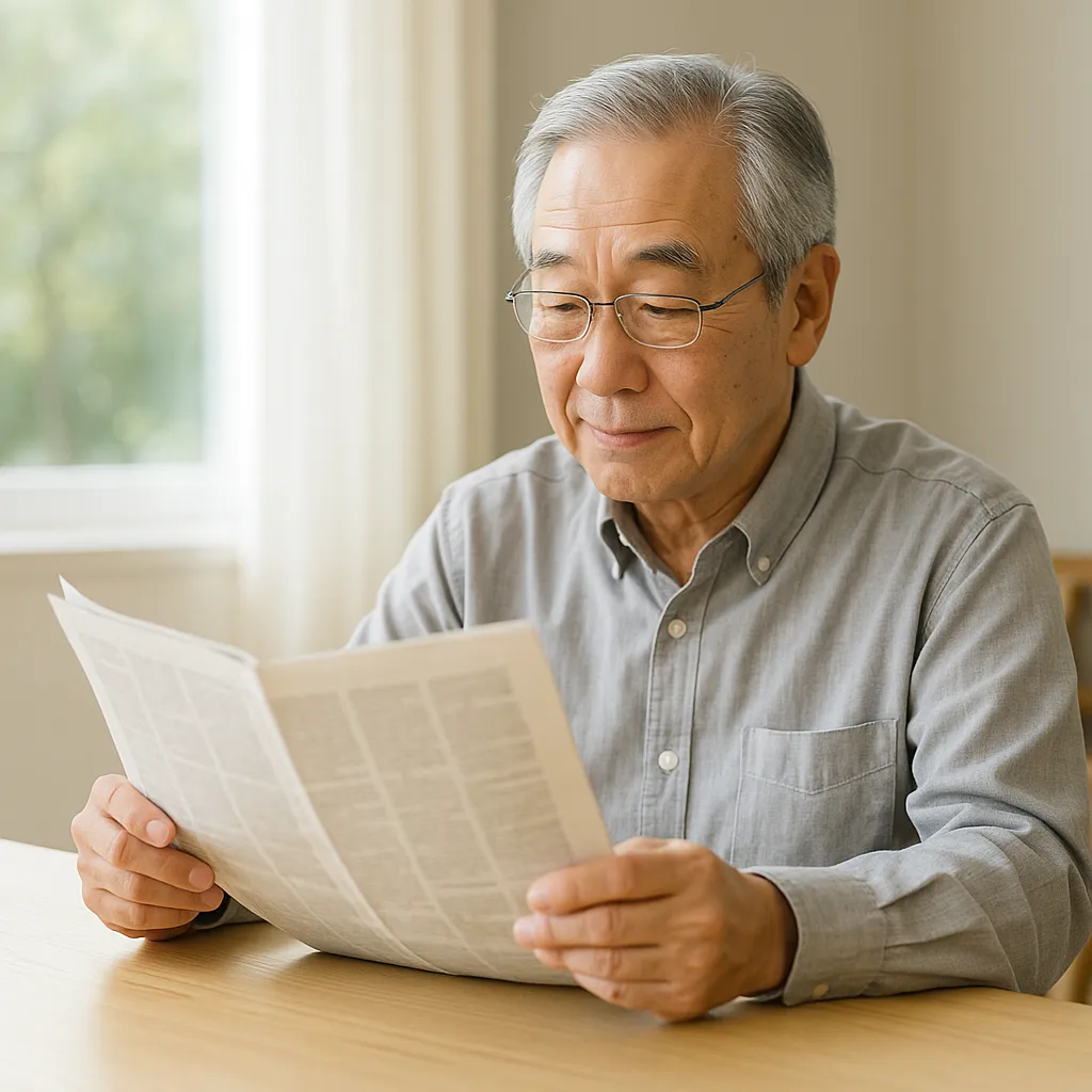 식탁에서 신문을 읽는 노년 남성의 편안한 모습
