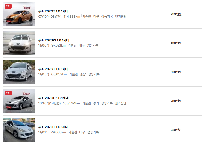 푸조 207 중고차 가격 시세표 유지비