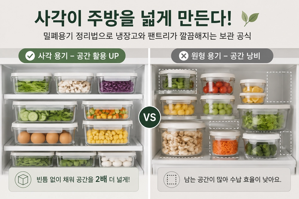 사각형과 원형 밀폐용기의 냉장고 수납 효율을 비교한 이미지로 사각 용기가 공간 활용에 유리한 모습을 보여주는 주방 정리 예시