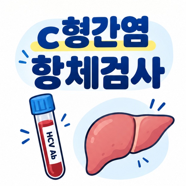 채혈 튜브와 간 아이콘 옆에 c형간염 항체검사 제목을 크게 배치한 카드