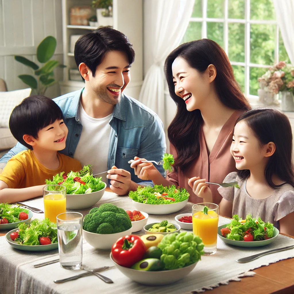 가족이 밝고 아늑한 식당에서 건강한 식사를 함께 즐기는 모습. 테이블에는 신선한 샐러드&amp;#44; 과일&amp;#44; 저지방 단백질 음식이 차려져 있으며&amp;#44; 가족들이 대화를 나누며 웃고 있습니다