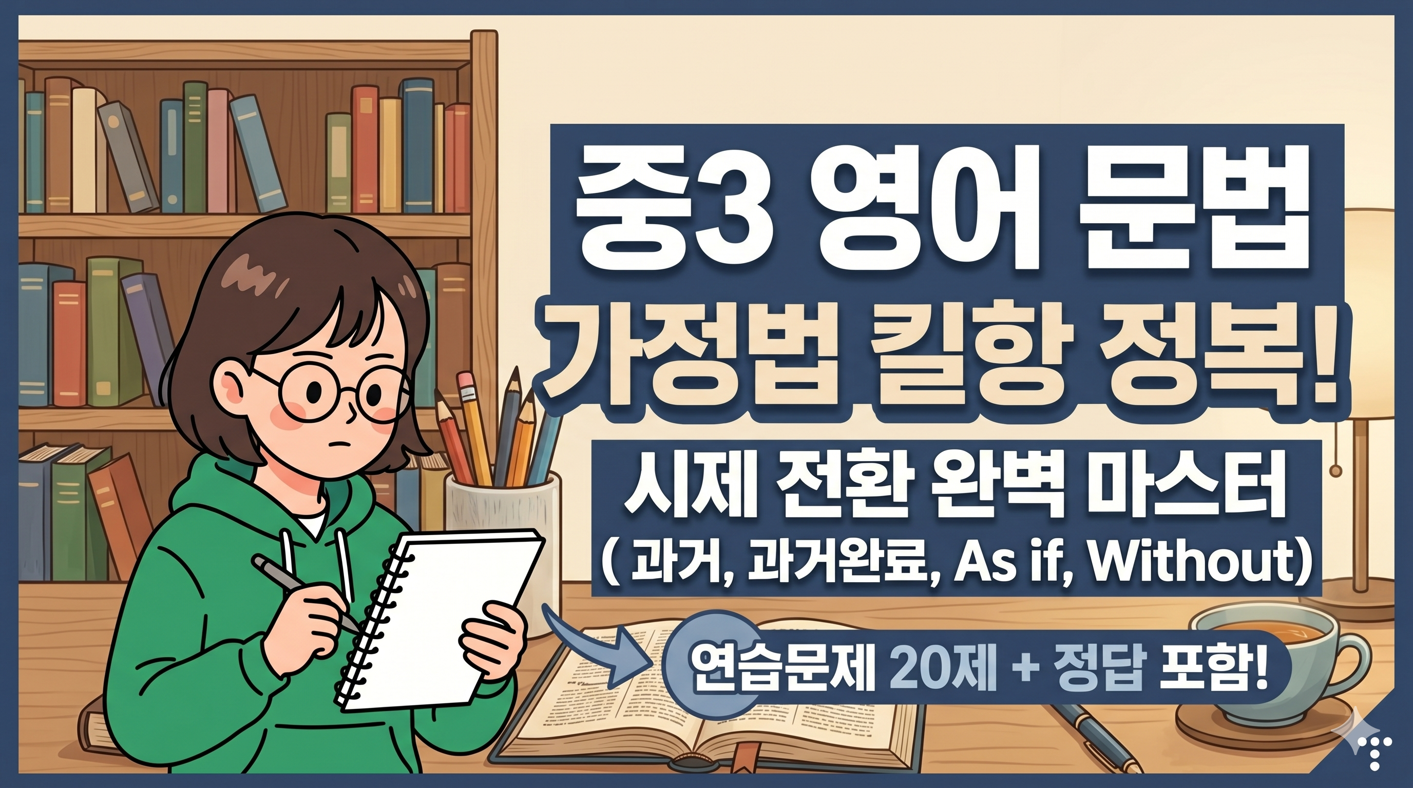 책장과 책상이 있는 차분한 공부방에서 안경을 쓴 중학생 여학생이 노트를 보며 집중해서 공부하고 있는 일러스트. 우측에는 '중3 영어 문법 가정법 킬러 문항 정복! 시제 전환 완벽 마스터(과거, 과거완료, As if, Without) 연습문제 20제 + 정답 포함!'이라는 안내 문구가 적혀 있는 티스토리 블로그용 썸네일 이미지.
