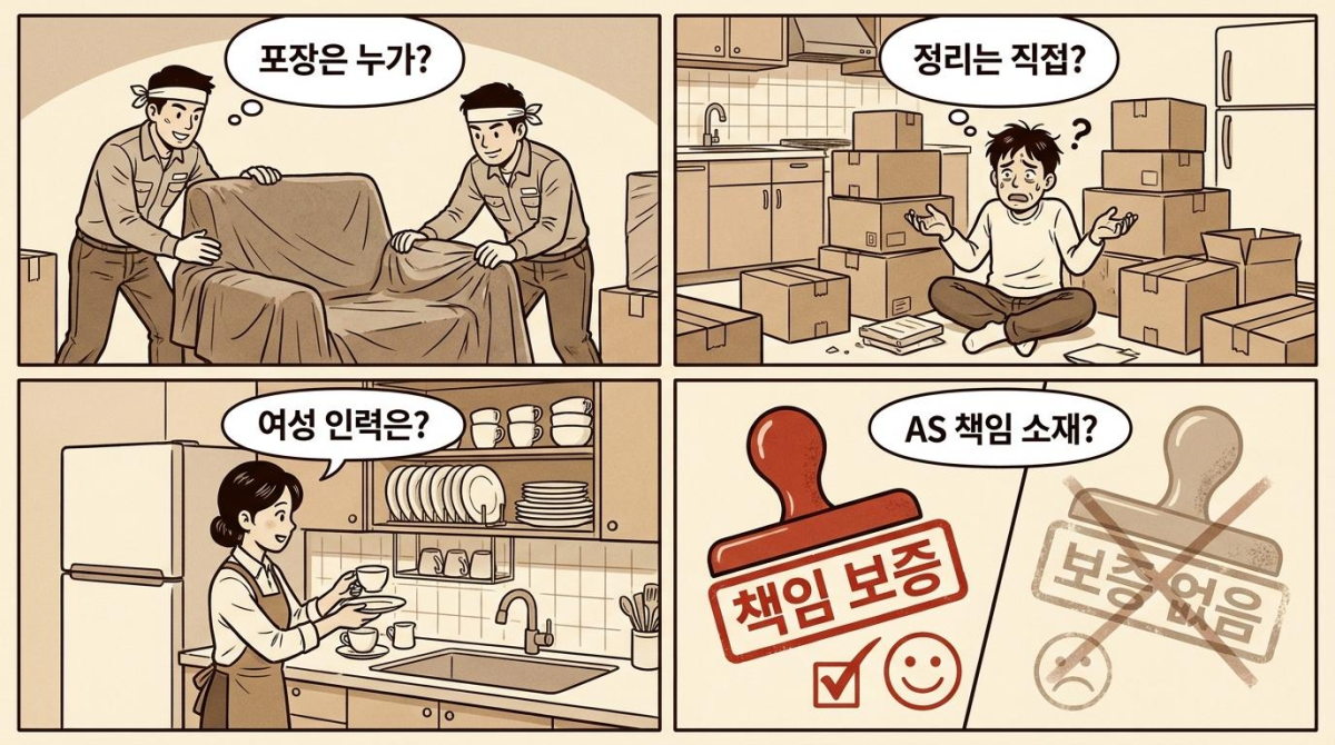 이사 서비스별 투입 인력과 정리 범위 차이를 묘사한 만화