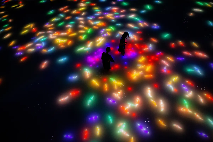 일본 도쿄 팀랩 플래닛 여행-사람과 함께 춤추는 잉어가 그리는 수면 위의 드로잉