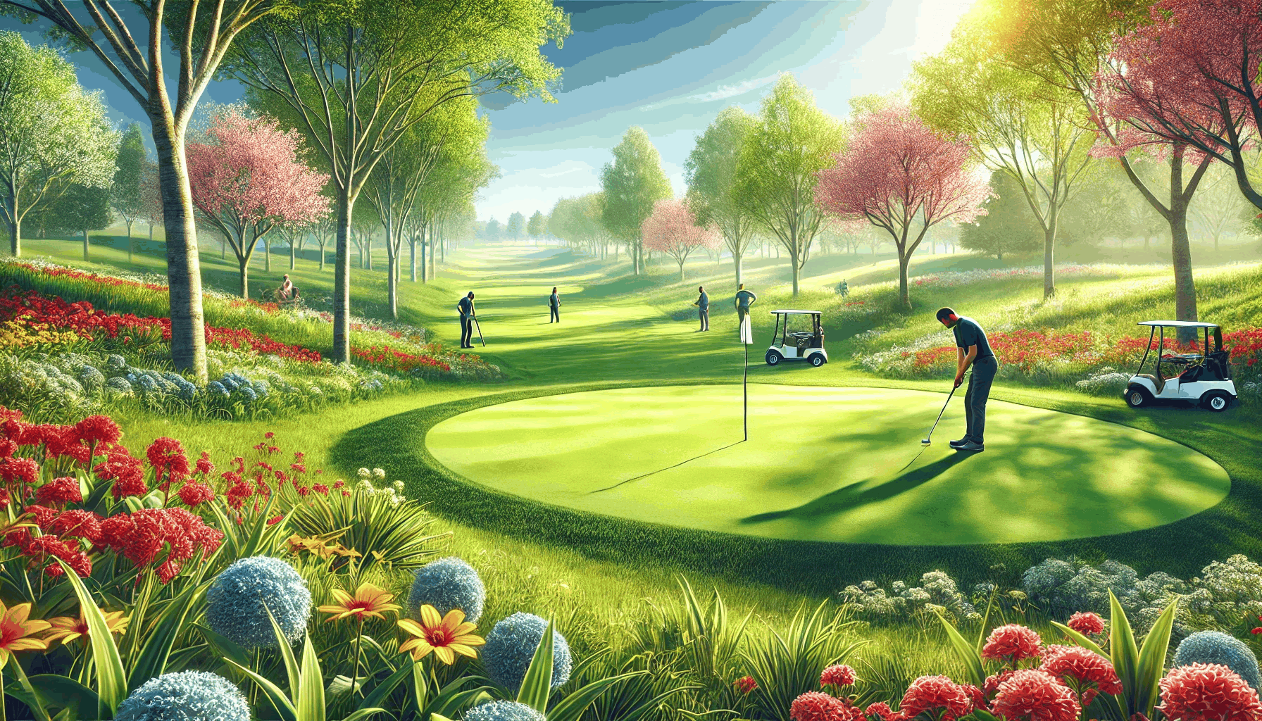 화창한 봄날에 골프장에서 골프를 즐기는 사진
