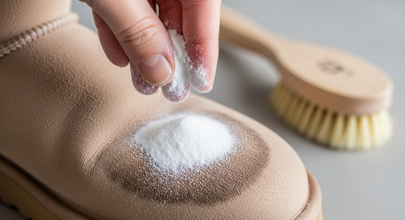 어그부츠 물얼룩 위에 베이킹소다를 뿌리는 손의 클로즈업 이미지