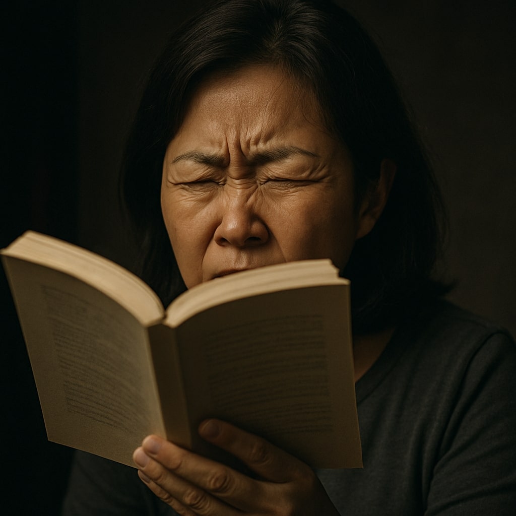 초첨을 맞추느라 두통이 온 여성