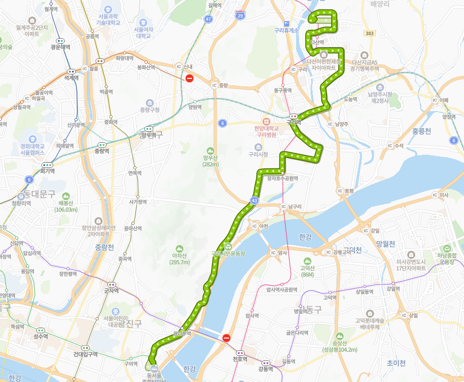 구리-남양주-서울-95번-버스-노선-지도