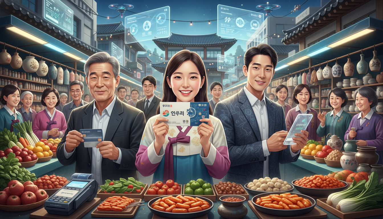 활기찬 2026년 전통시장에서 온누리상품권으로 행복하게 쇼핑하는 다양한 연령대의 사람들, 지역 경제 활성화와 할인 혜택을 상징.