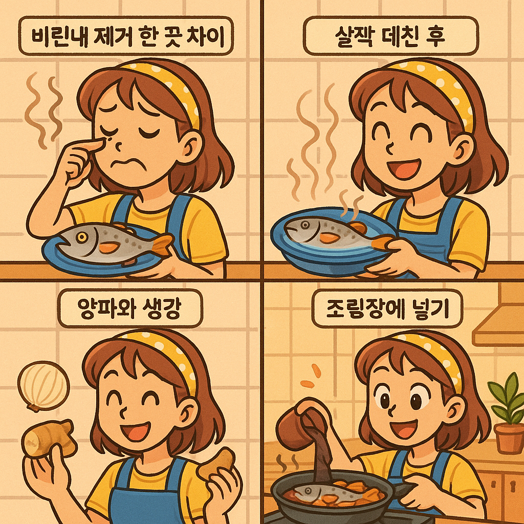 밝고 선명한 만화 스타일의 일러스트로, 잡내 없는 생선조림을 만드는 과정을 보여주는 네 컷 구성. 첫 번째 컷에는 생선을 물에 담가 핏물을 빼는 장면, 두 번째 컷에는 생선에 생강과 청주를 뿌리는 모습, 세 번째 컷에는 양념장 재료를 넣고 끓이는 장면, 네 번째 컷에는 먹음직스럽게 조려진 생선조림이 식탁에 올려진 모습이 담겨 있음.