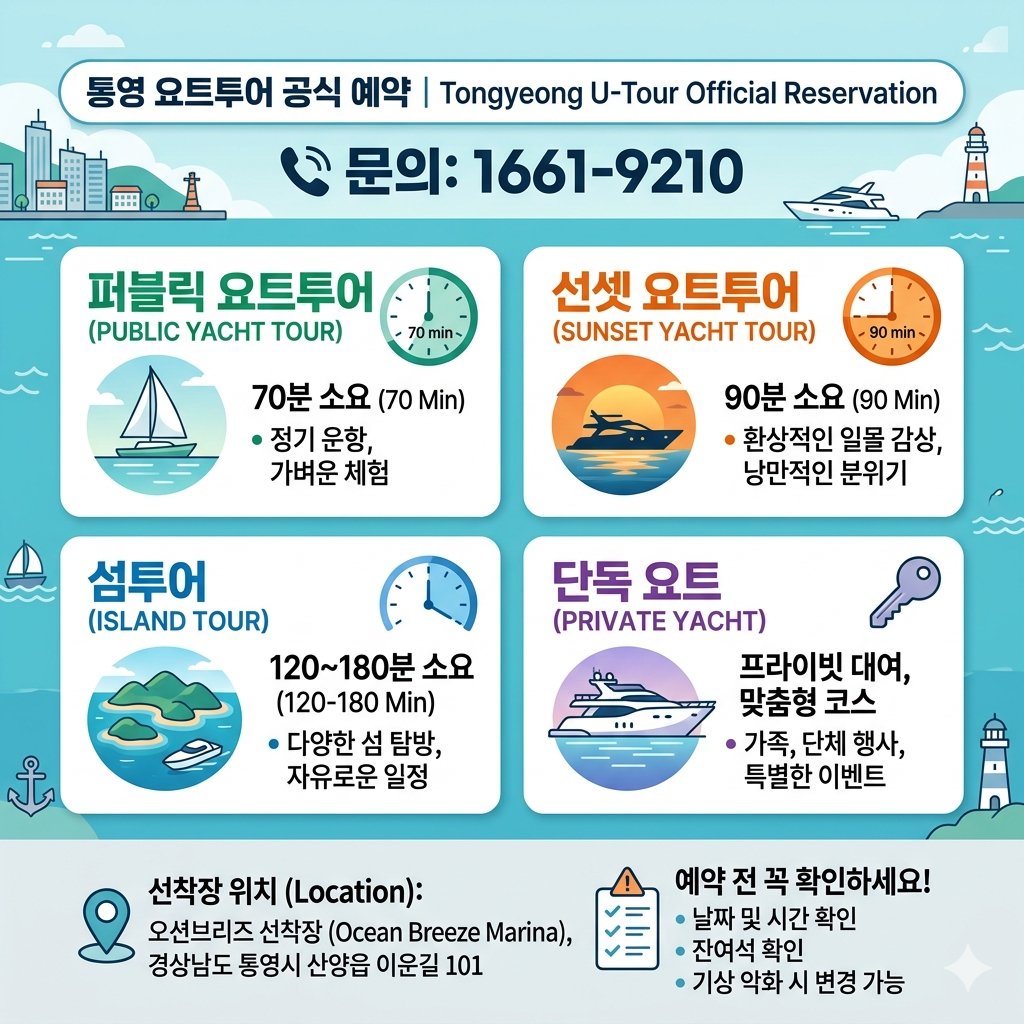통영 요트투어 예약방법｜공식 예약&middot;요금&middot;선셋투어&middot;탑승장 위치 인포그래픽