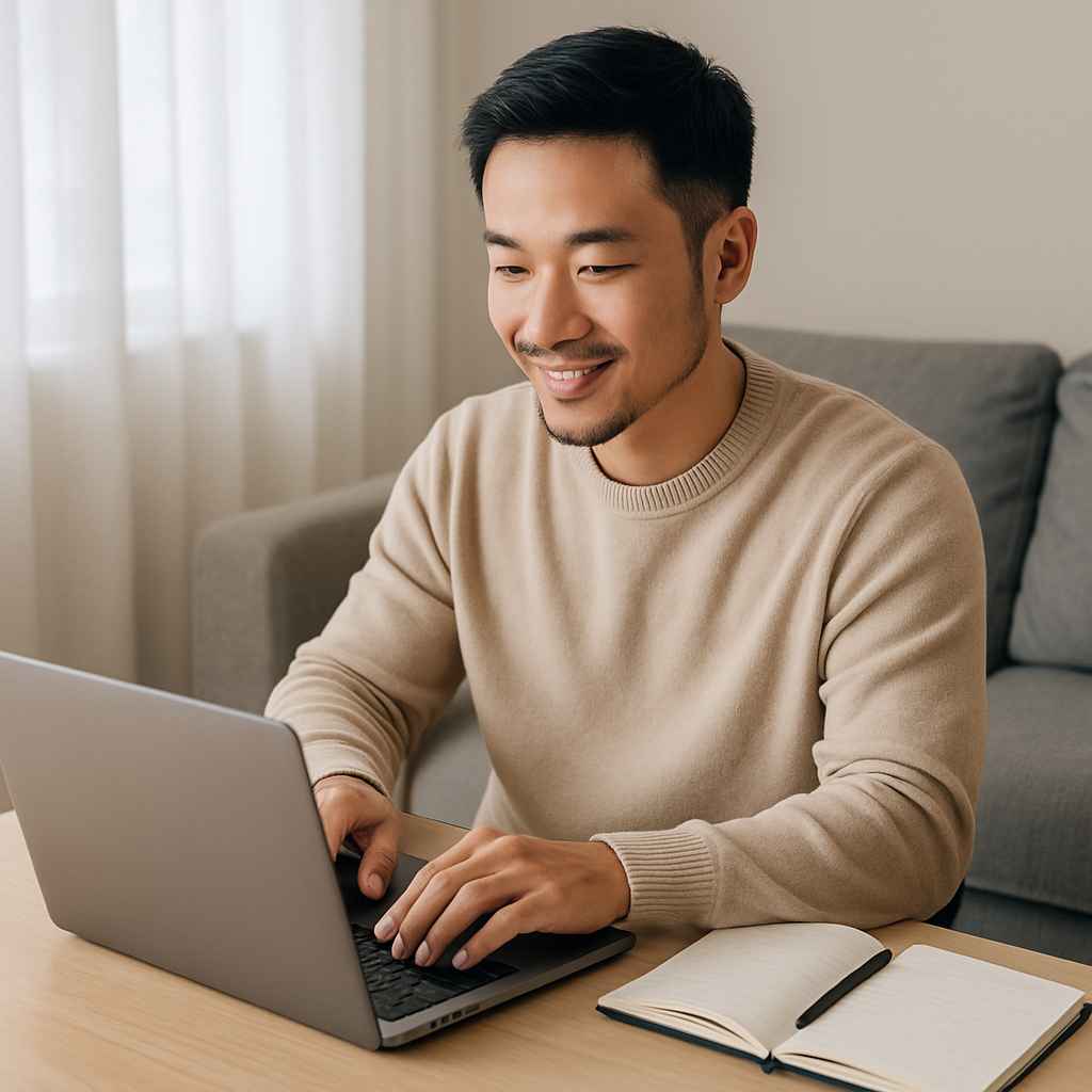 재택근무 중인 직장인의 원격 업무 장면
