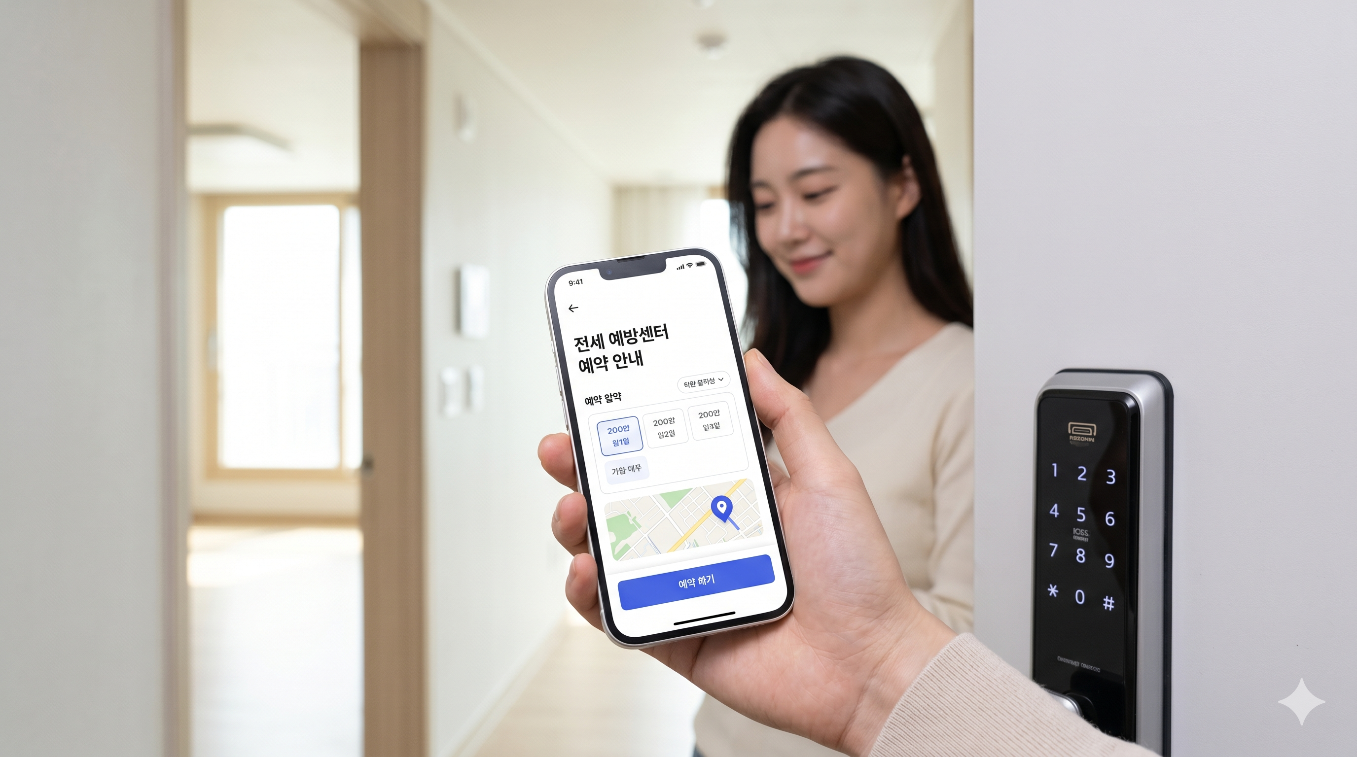 스마트폰으로 전세사기 예방 무료 상담을 예약하는 한국인 예비 임차인
